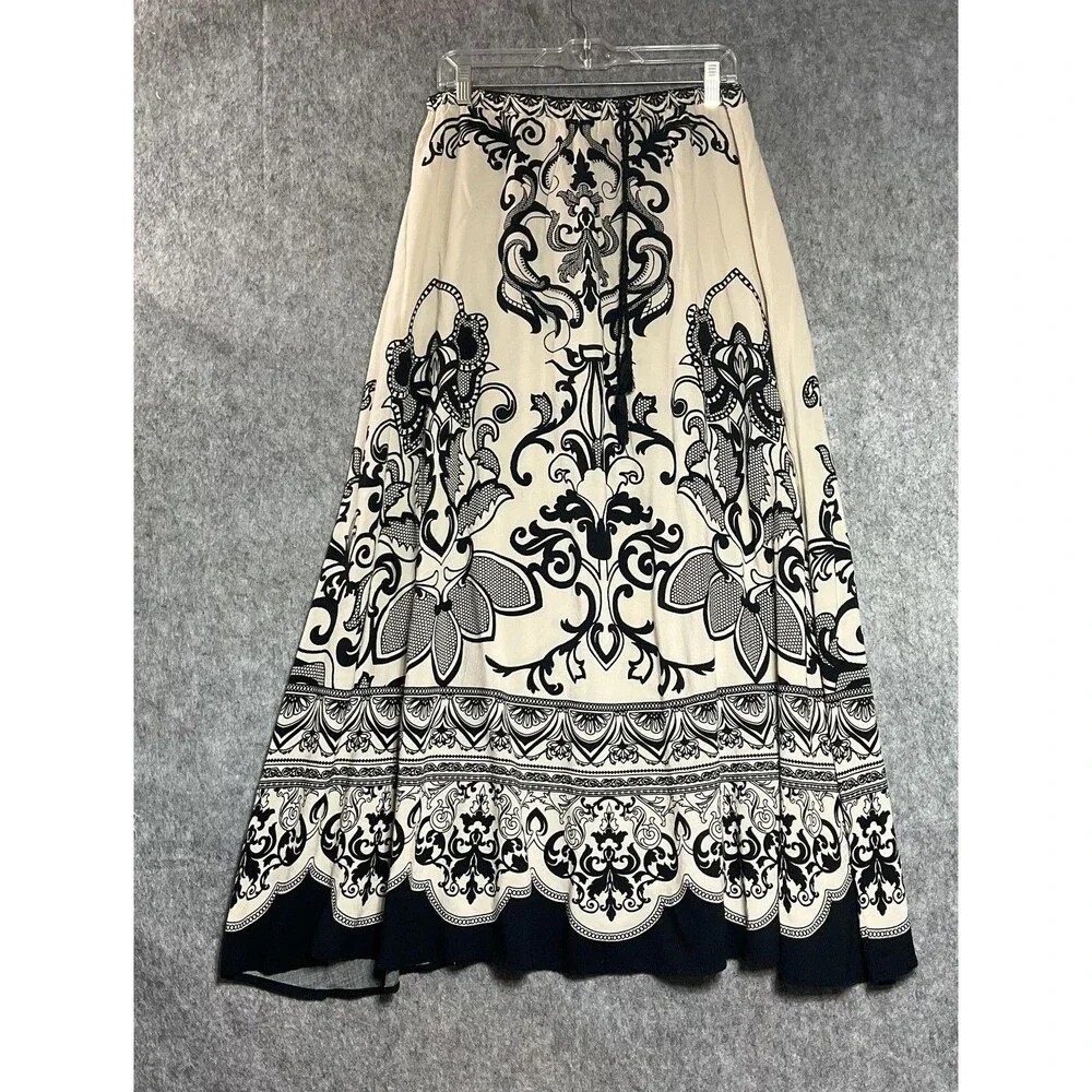 Flying Tomato Skirt Womens Large Beige Black Floral Boho Maxi Tassel Pull On